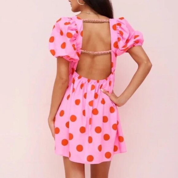 Pitusa Pink Polka Dot Babydoll Mini Dress Puff Sleeves Open Back Size Small NWT - Picture 7 of 13